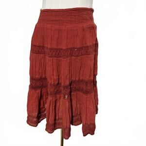 Anthropologie Boho Crochet Trim Terracotta Mini Skirt, 100% cotton, XS